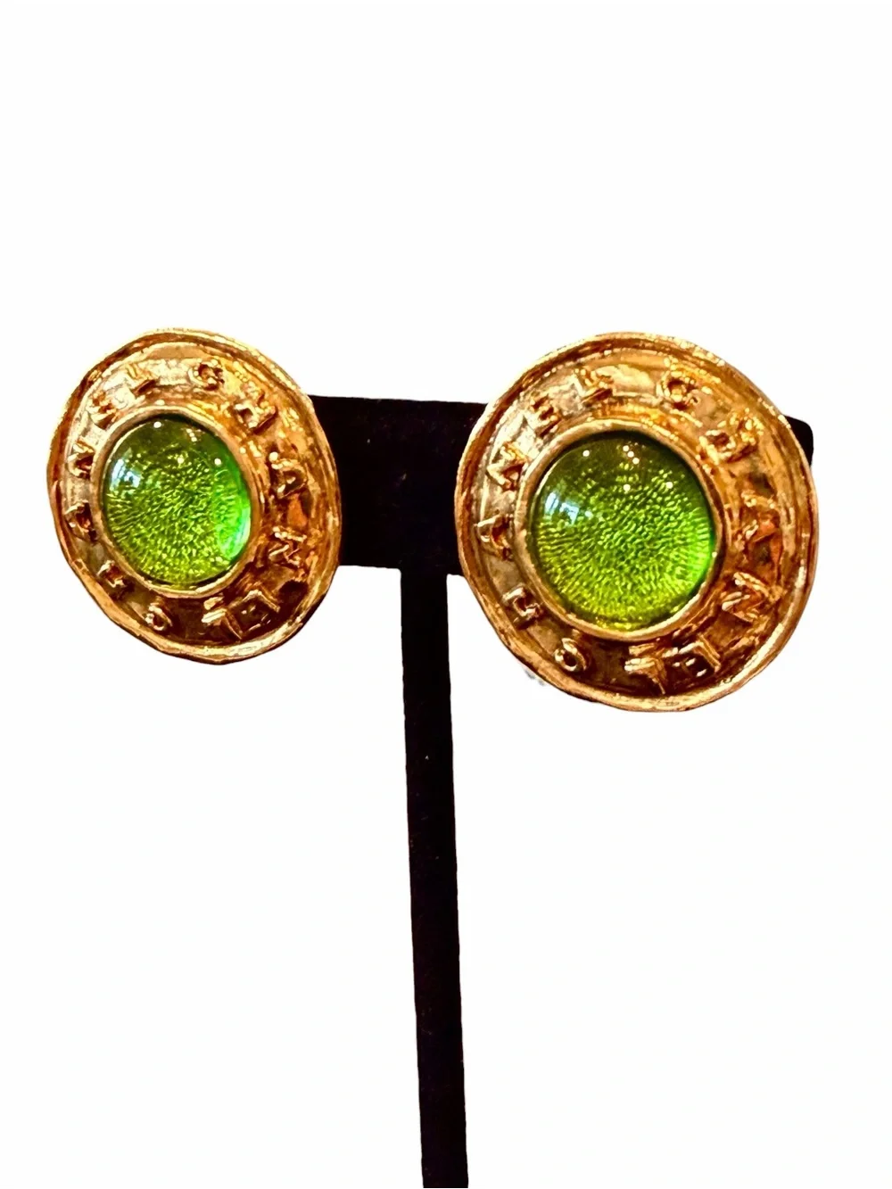 CHANEL Gold-Plated Round Earrings with Lime Green Gripoix Centers